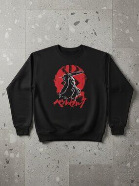 Berserk Anime Graphic Sweatshirt Black | Manga Inspired Guts Sword Red Print